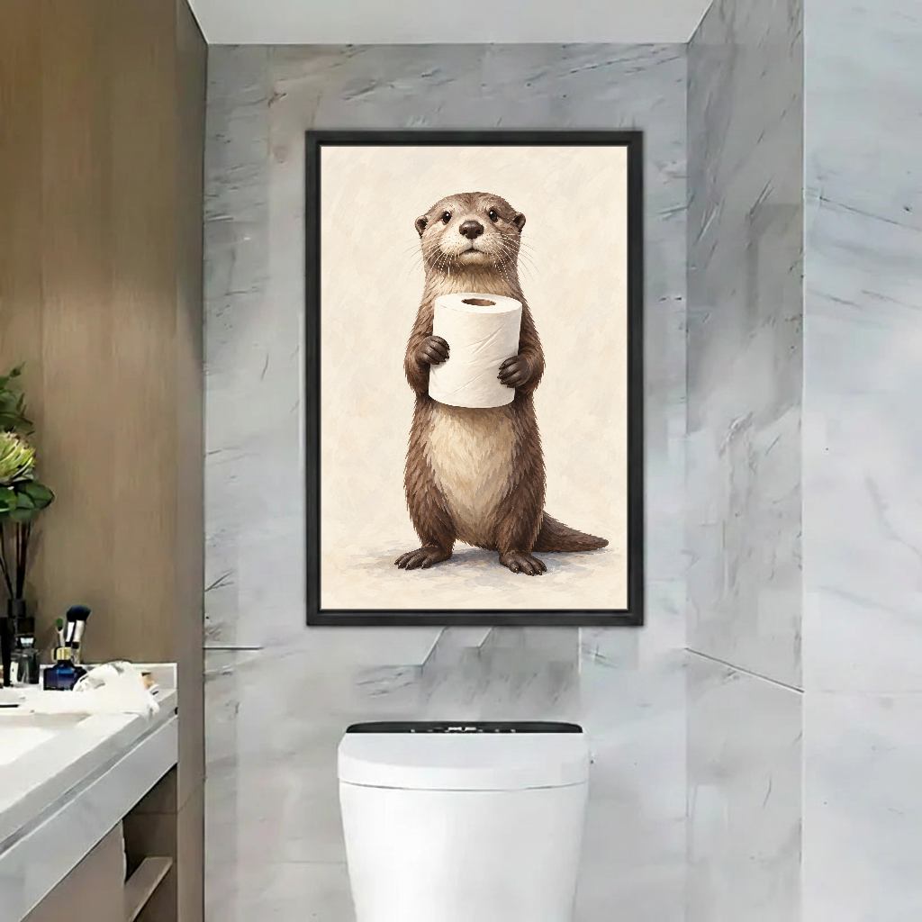 Otter Toilet Paper Canvas Wall Art framed above a toilet in a marble bathroom.