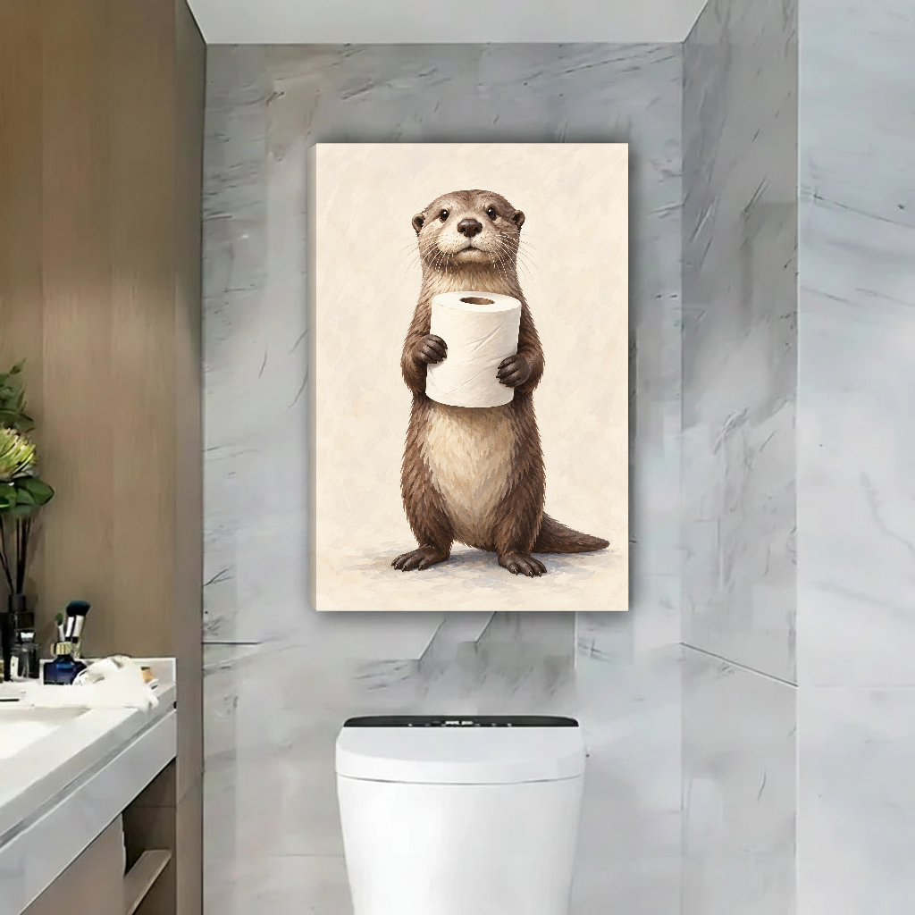 Otter Toilet Paper Canvas Wall Art unframed above a toilet beside a marble bathroom wall.