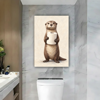 Otter Toilet Paper Canvas Wall Art unframed above a toilet beside a marble bathroom wall.