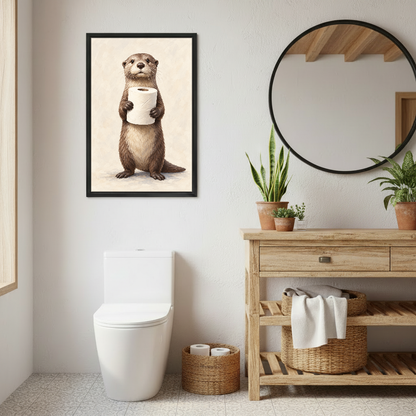 Otter Toilet Paper Canvas Wall Art framed above a toilet beside wood vanity and round mirror.