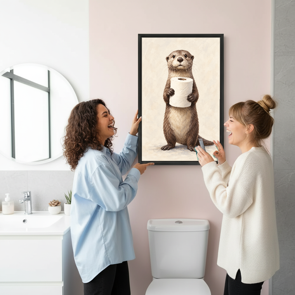 Otter Toilet Paper Canvas Wall Art held by two women beside a bathroom mirror and toilet.