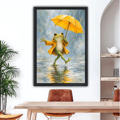 Yellow Umbrella Frog Canvas Wall Art framed above a wood desk and brown chair.