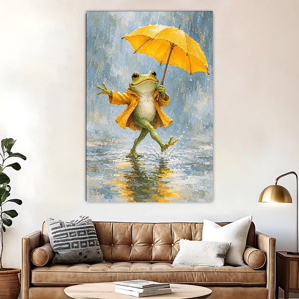 Yellow Umbrella Frog Canvas Wall Art unframed above a brown leather sofa and brass lamp.