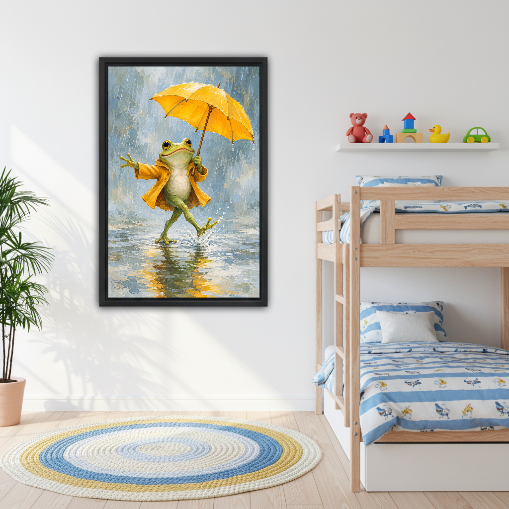 Yellow Umbrella Frog Canvas Wall Art framed beside children bunk beds with a blue rug.