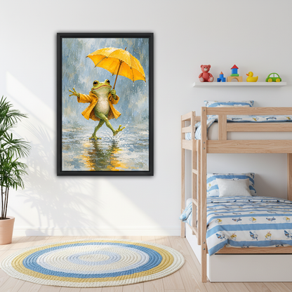Yellow Umbrella Frog Canvas Wall Art framed beside children bunk beds with a blue rug.