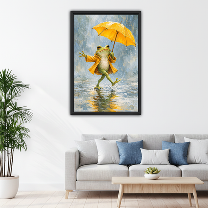Yellow Umbrella Frog Canvas Wall Art framed above a white sofa with blue cushions.