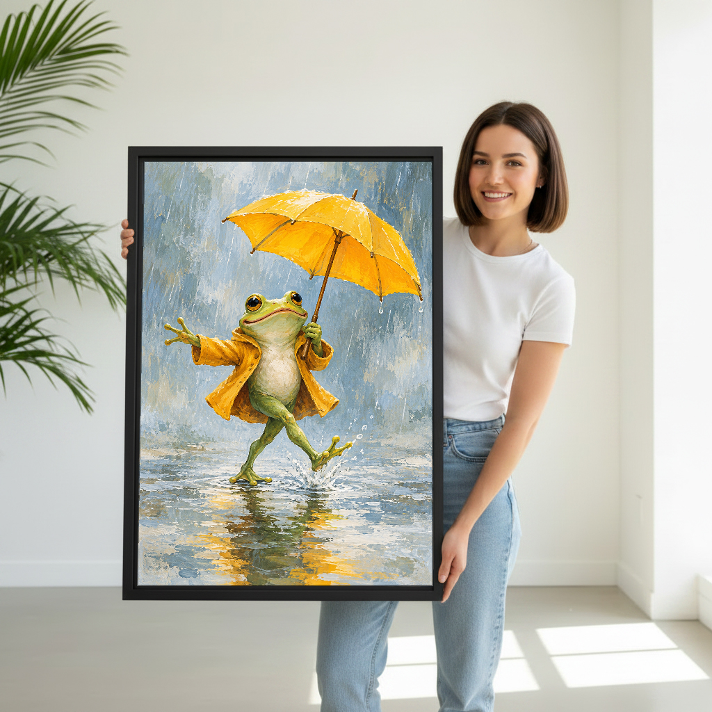 Yellow Umbrella Frog Canvas Wall Art held by a woman in white shirt and jeans.
