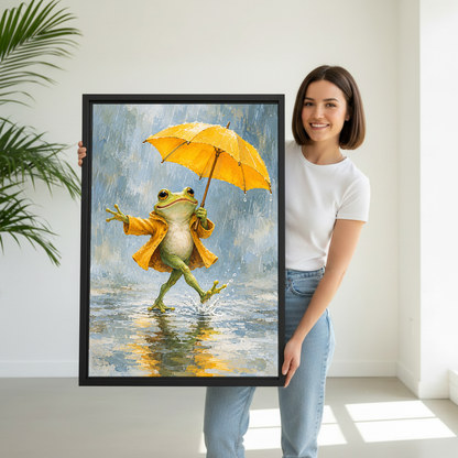 Yellow Umbrella Frog Canvas Wall Art held by a woman in white shirt and jeans.