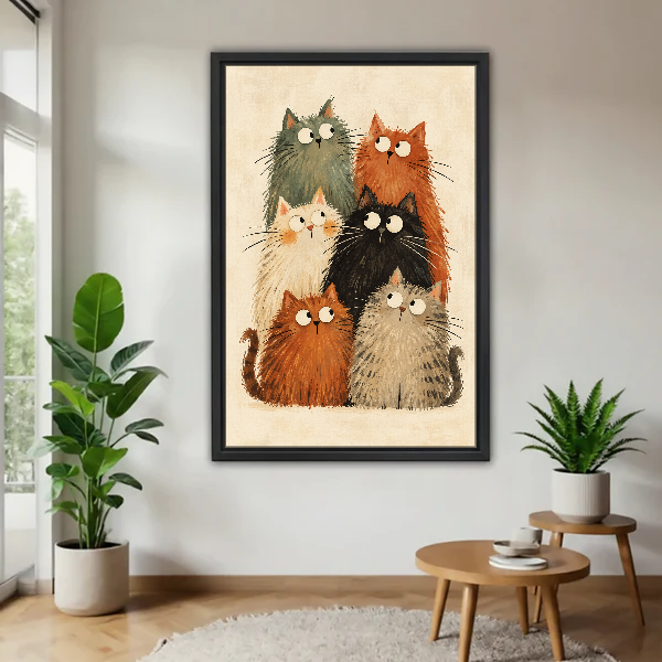 Fluffy Cat Gathering Canvas Wall Art framed above a wood table with green plants.