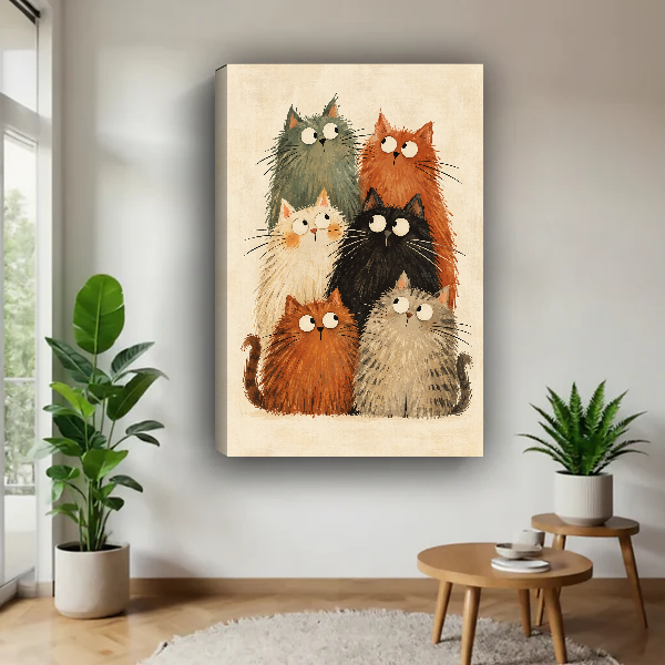 Fluffy Cat Gathering Canvas Wall Art unframed above a wood table with green plants.