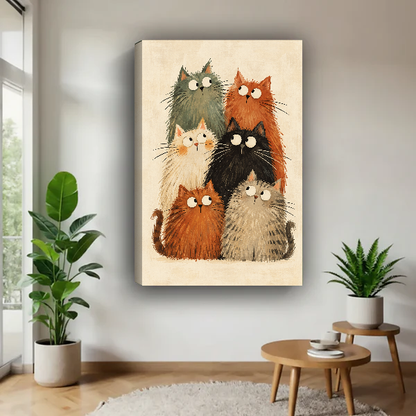 Fluffy Cat Gathering Canvas Wall Art unframed above a wood table with green plants.