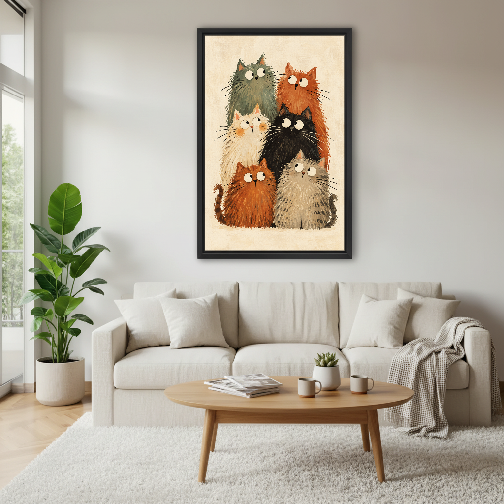 Fluffy Cat Gathering Canvas Wall Art framed above a white sofa and round coffee table.