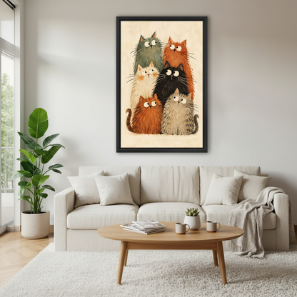 Fluffy Cat Gathering Canvas Wall Art framed above a white sofa and round coffee table.