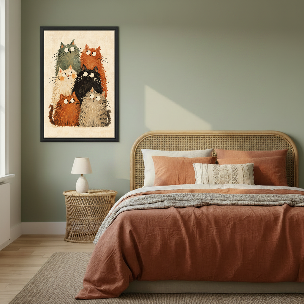 Fluffy Cat Gathering Canvas Wall Art framed above copper bedding against a muted olive wall.