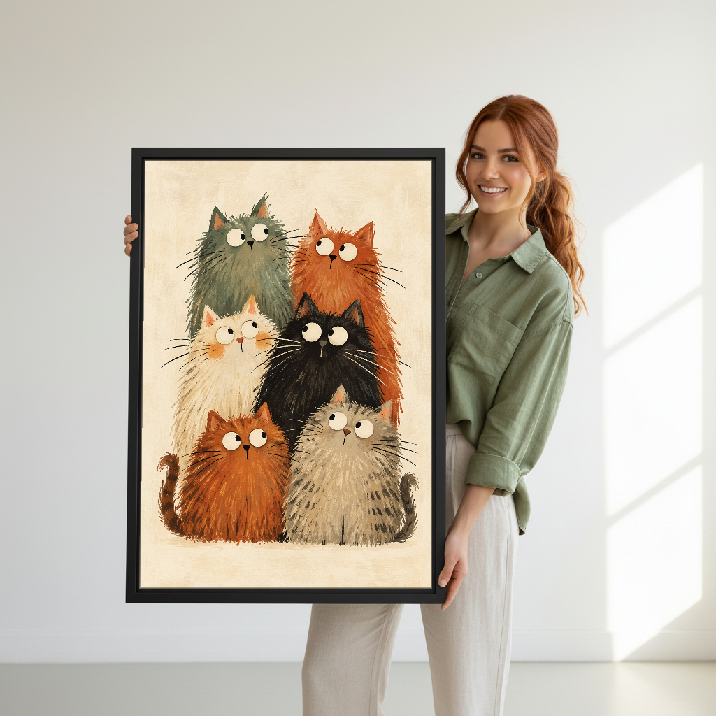 Fluffy Cat Gathering Canvas Wall Art held in a black frame by a woman wearing green.