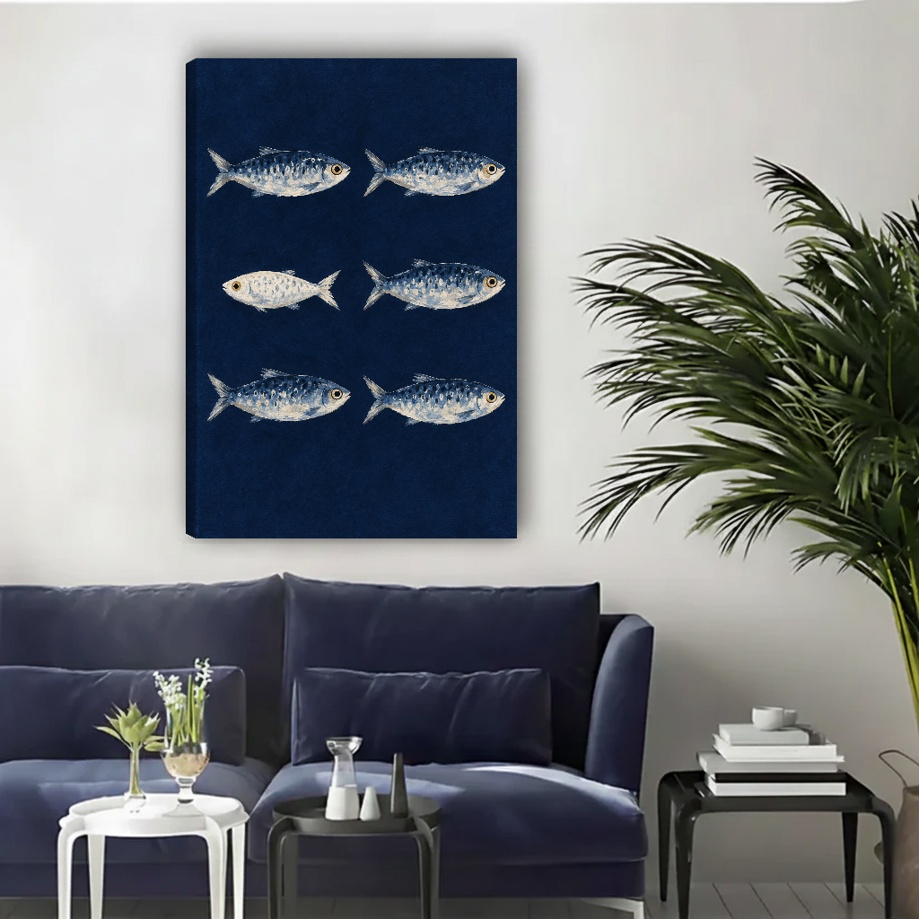 Navy Sardine Canvas Wall Art unframed above a navy sofa beside a leafy palm.