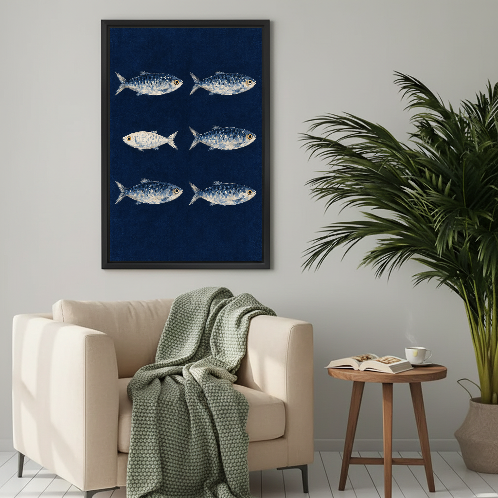 Navy Sardine Canvas Wall Art framed above a cream armchair with green throw.