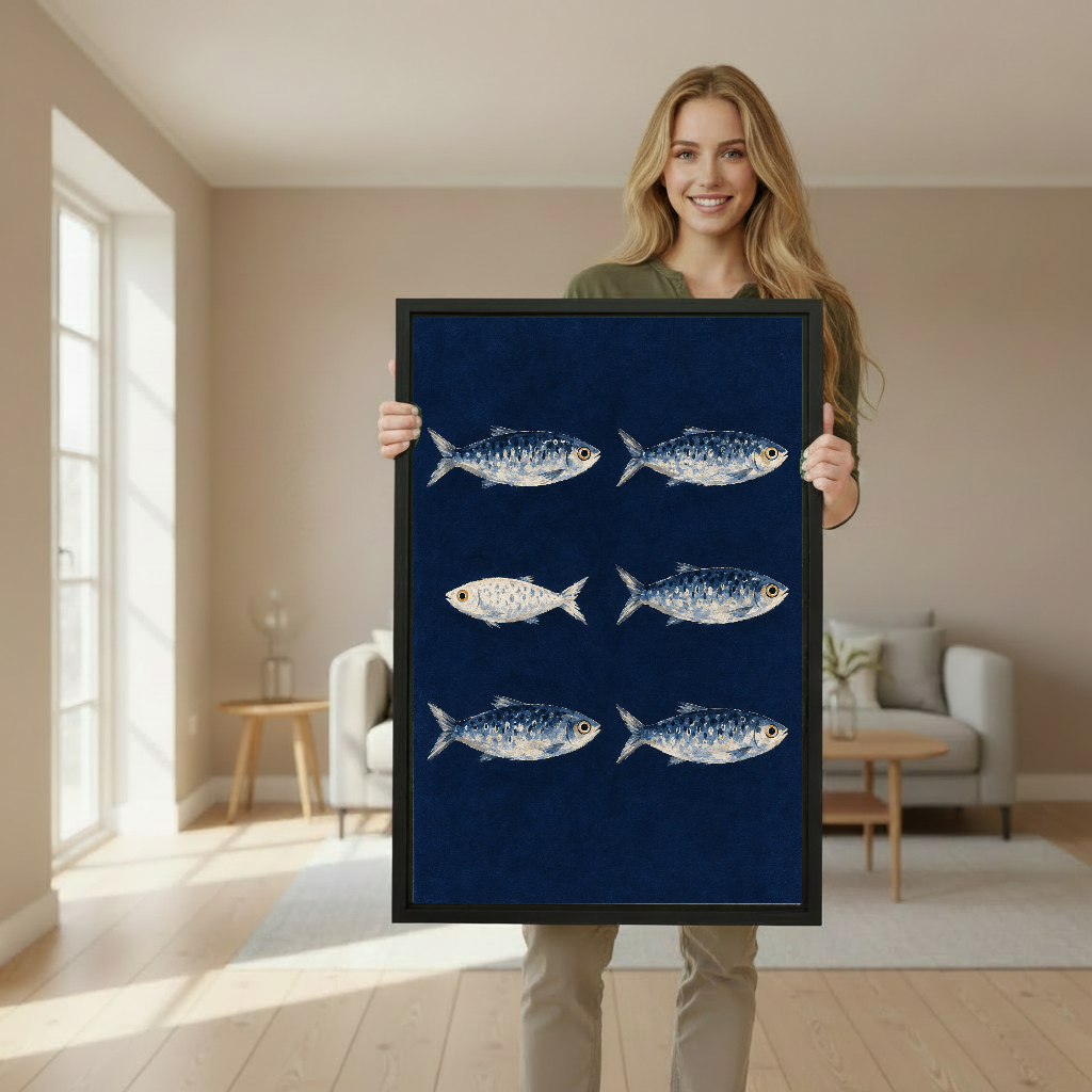Navy Sardine Canvas Wall Art held in a black portrait frame by a standing woman.