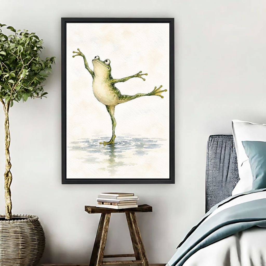 Ballet Frog Canvas Wall Art framed beside blue bedding, a leafy plant, and books.