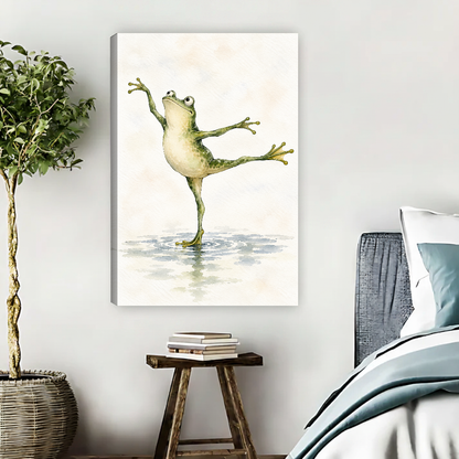 Ballet Frog Canvas Wall Art unframed beside blue bedding and a leafy plant.