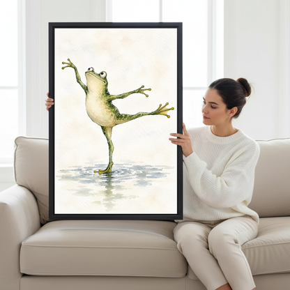 Ballet Frog Canvas Wall Art held by a seated woman on a pale sofa.