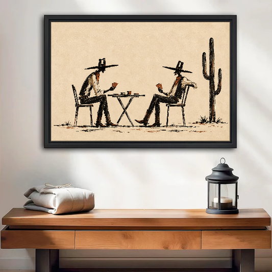 Cowboy Card Game Canvas Wall Art framed above a wood console with linen and lantern.