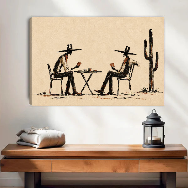 Cowboy Card Game Canvas Wall Art unframed above a wood console with linen and lantern.