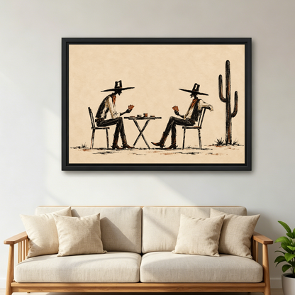 Cowboy Card Game Canvas Wall Art framed above a cream sofa with wooden arms.