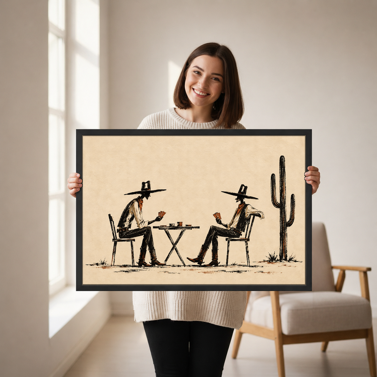 Cowboy Card Game Canvas Wall Art held in a black landscape frame by a standing woman.