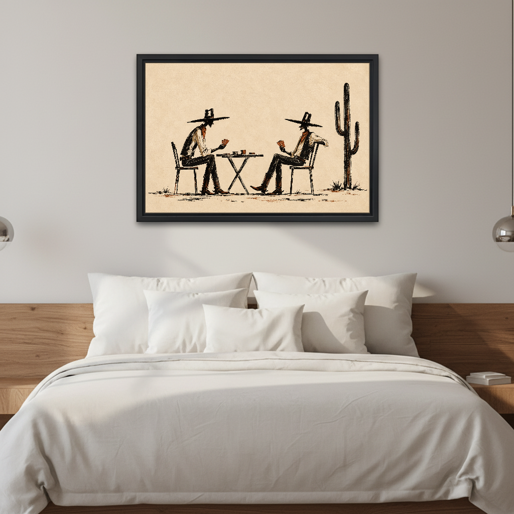 Cowboy Card Game Canvas Wall Art framed above white bedding and a warm wood headboard.