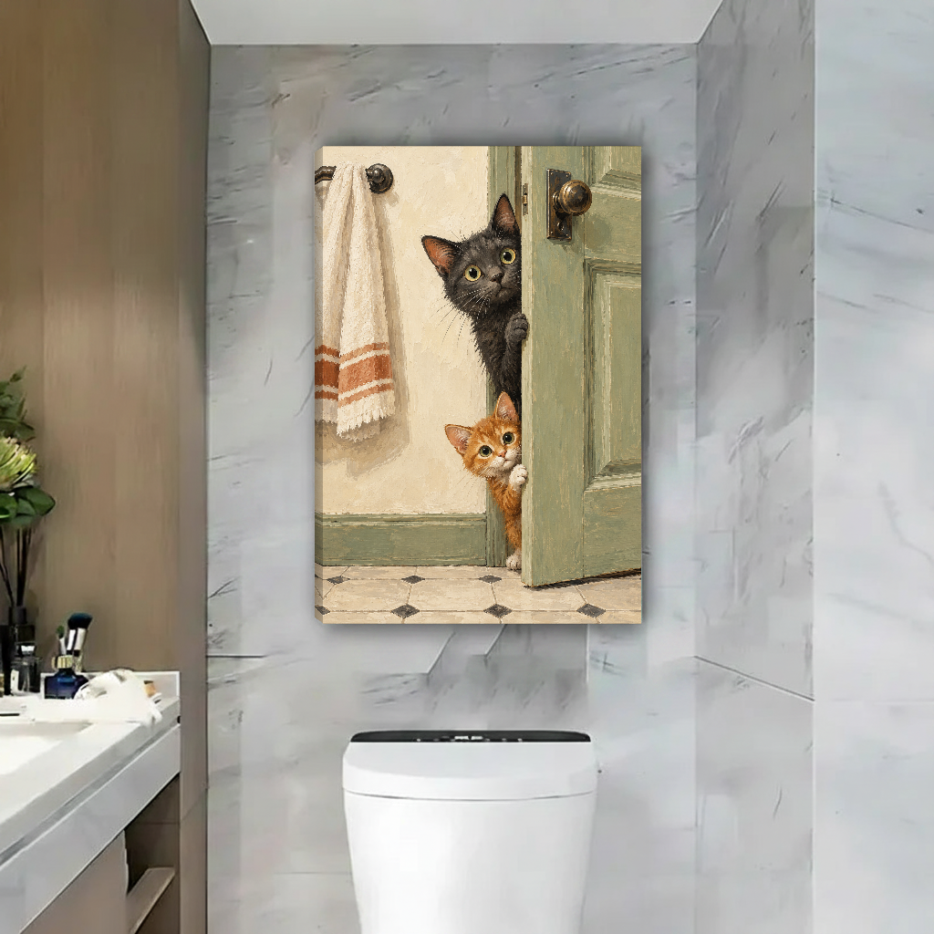 Doorway Cats Canvas Wall Art unframed above a toilet beside a marble bathroom wall.