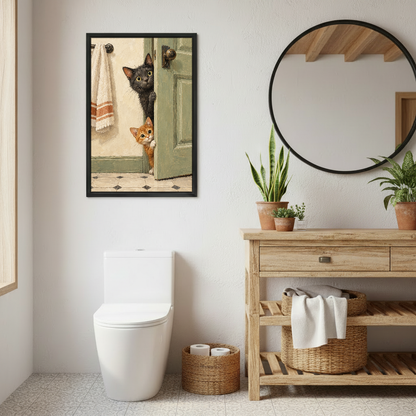 Doorway Cats Canvas Wall Art framed in the repeated bathroom view with wood vanity and round mirror.