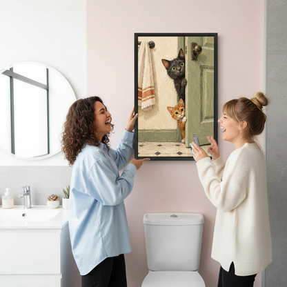 Doorway Cats Canvas Wall Art held by two women beside a bathroom mirror and toilet.