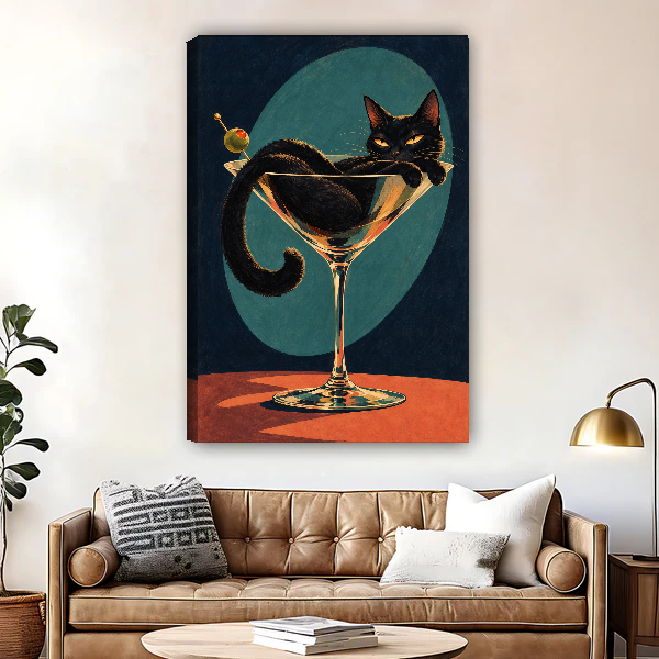 Martini Cat Canvas Wall Art unframed above a brown leather sofa and brass lamp.
