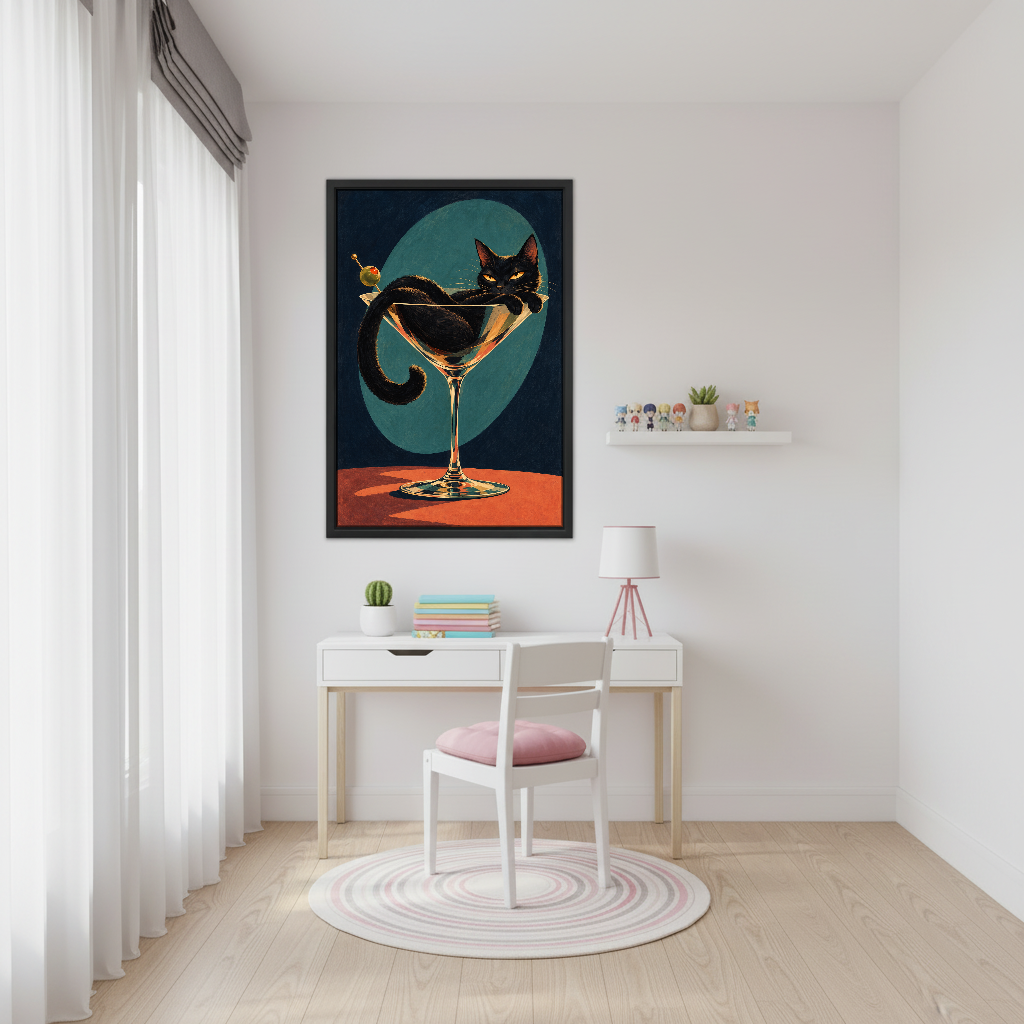 Martini Cat Canvas Wall Art framed above a white study desk with pink chair.