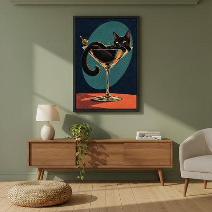 Martini Cat Canvas Wall Art framed above a wood console against an olive wall.
