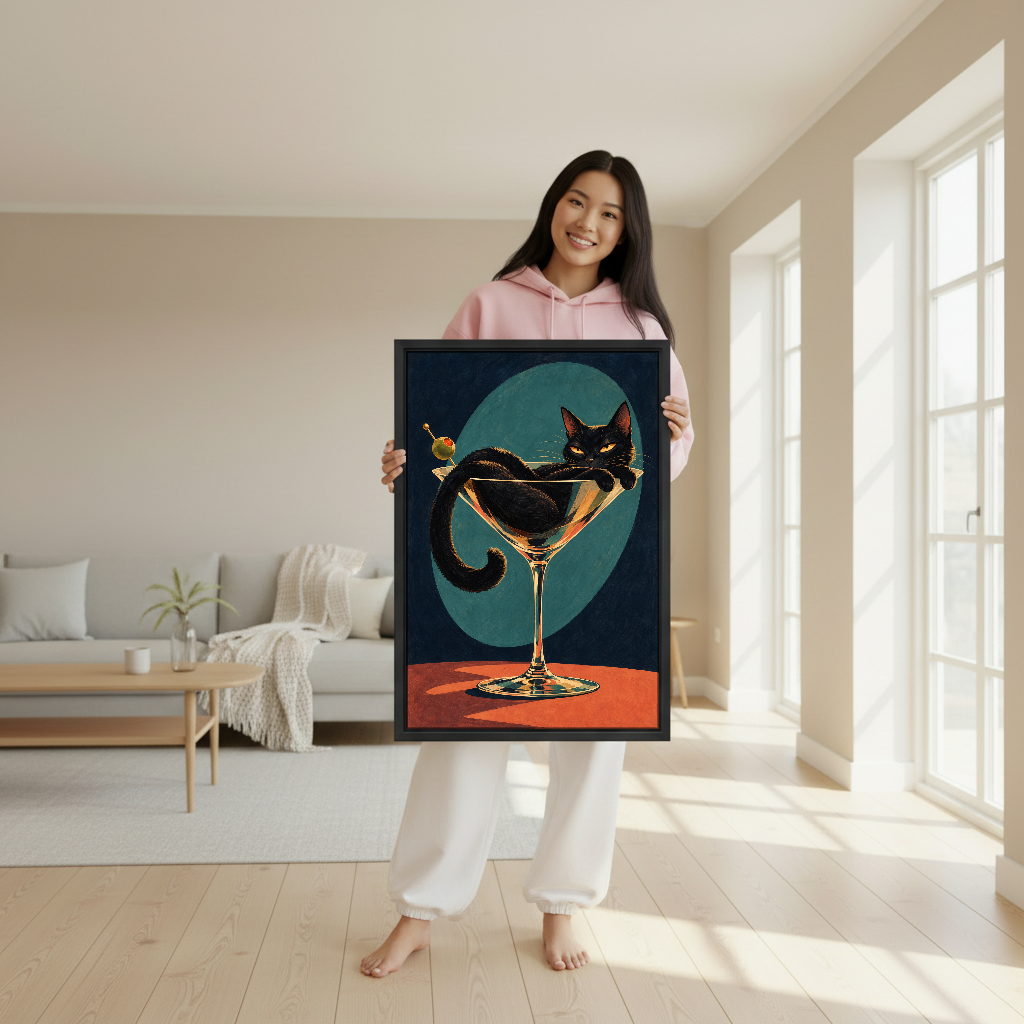 Martini Cat Canvas Wall Art held in a black frame by a woman wearing pink.
