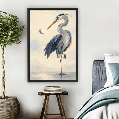 Feather Watching Heron Canvas Wall Art framed beside blue bedding, a leafy plant, and books.