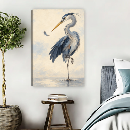 Feather Watching Heron Canvas Wall Art unframed beside blue bedding and a leafy plant.