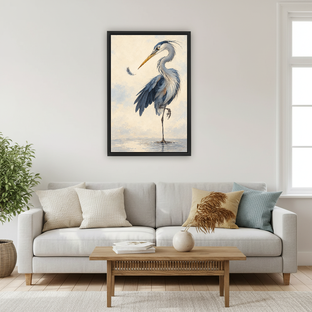 Feather Watching Heron Canvas Wall Art framed above a pale gray sofa and wood table.