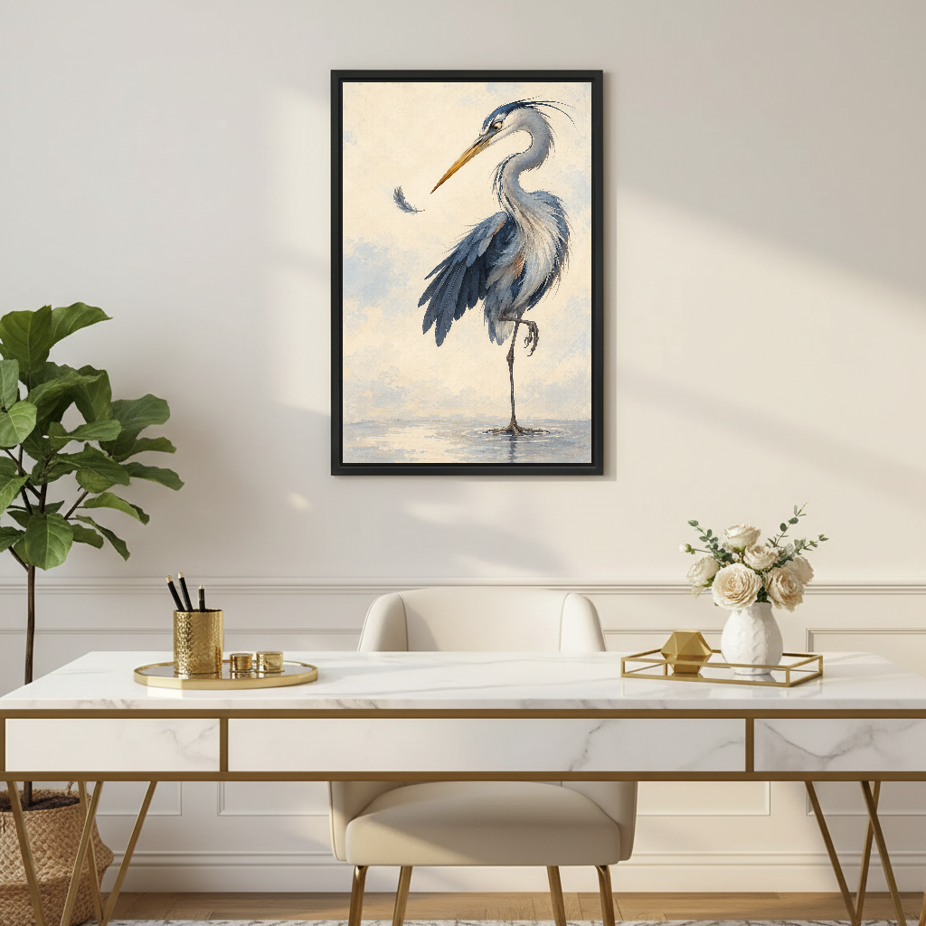 Feather Watching Heron Canvas Wall Art framed above a white desk with flowers and chair.