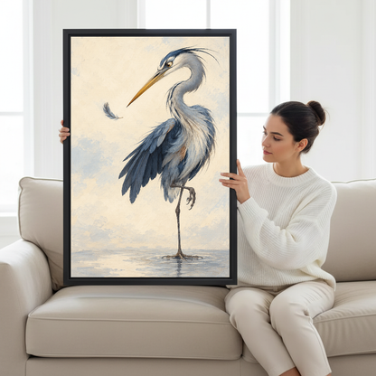 Feather Watching Heron Canvas Wall Art held by a seated woman on a pale sofa.