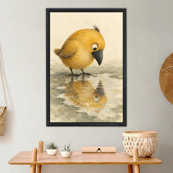 Yellow Puddle Bird Canvas Wall Art framed above a light wood console with cacti.