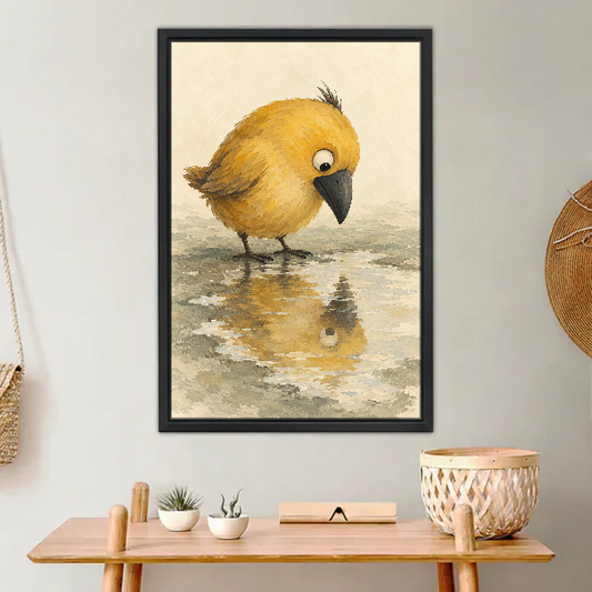 Yellow Puddle Bird Canvas Wall Art framed above a light wood console with cacti.