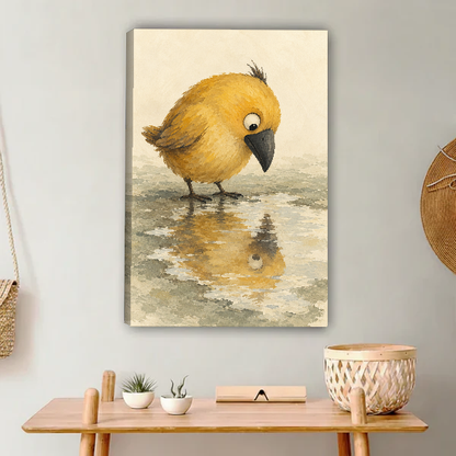 Yellow Puddle Bird Canvas Wall Art unframed above a light wood console and woven basket.