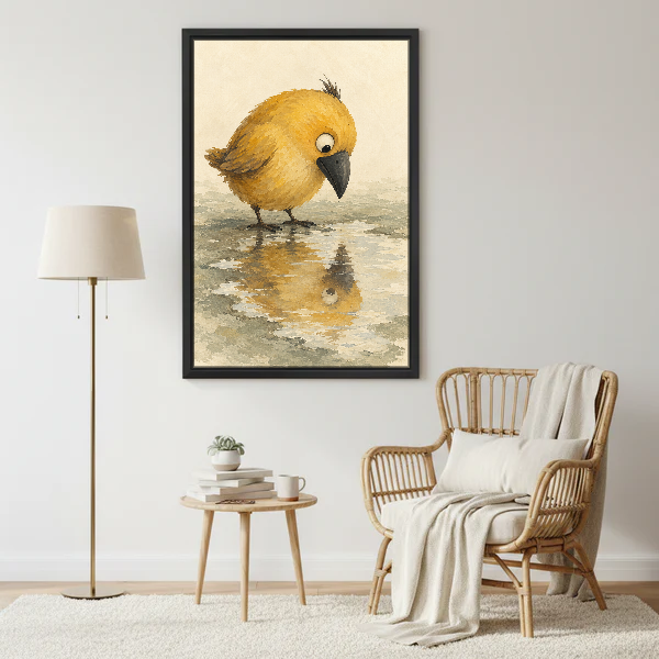 Yellow Puddle Bird Canvas Wall Art framed beside a wicker armchair and floor lamp.