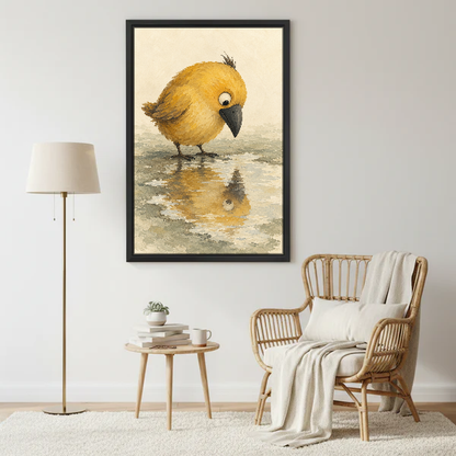 Yellow Puddle Bird Canvas Wall Art framed beside a wicker armchair and floor lamp.