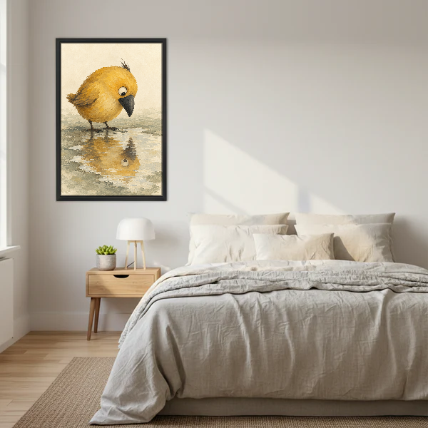 Yellow Puddle Bird Canvas Wall Art framed above a cream bed with wooden nightstands.