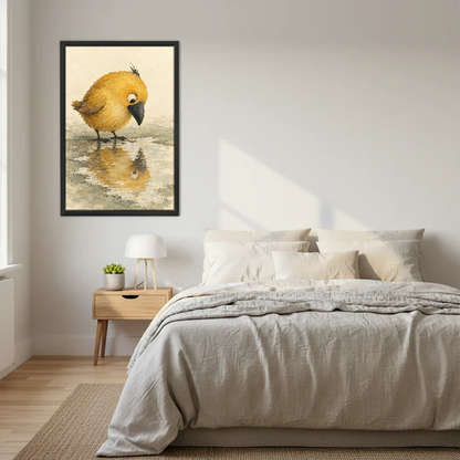 Yellow Puddle Bird Canvas Wall Art framed above a cream bed with wooden nightstands.