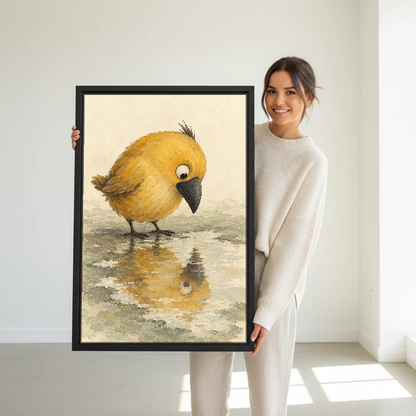 Yellow Puddle Bird Canvas Wall Art held in a black frame by a standing woman in white.